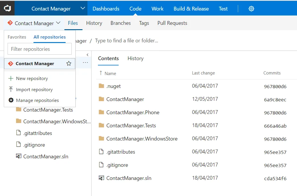 Figura 2 - Repositório Git criado no VSTS criado para armazenar o projeto Contact Manager