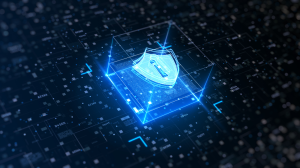 Imagem digital de um escudo azul, simbolizando segurança e tecnologia para representar a ISO 27.001 e LGPD